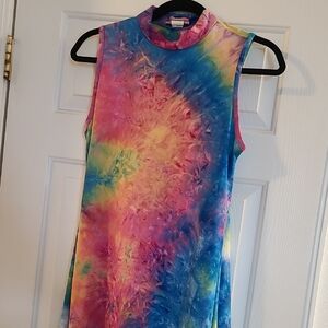 Discreet Sleeveless Tie-Dye Mini Dress in Pink, Blue & Yellow